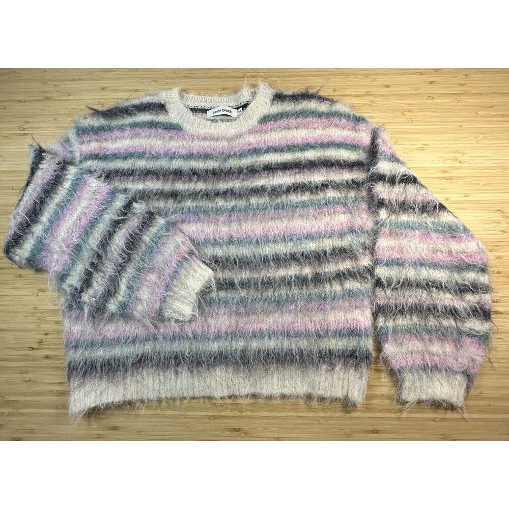 Color Block Wool Blend Striped Fuzzy Sweater Pullover S/M Casual Layer Capsule